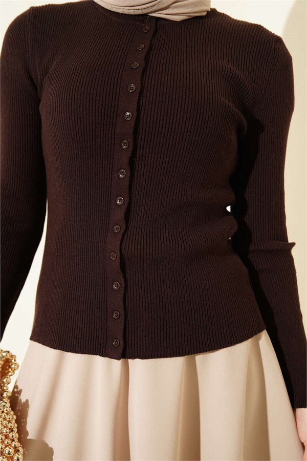 Crew Neck Buttoned Knit Cardigan Dark Brown