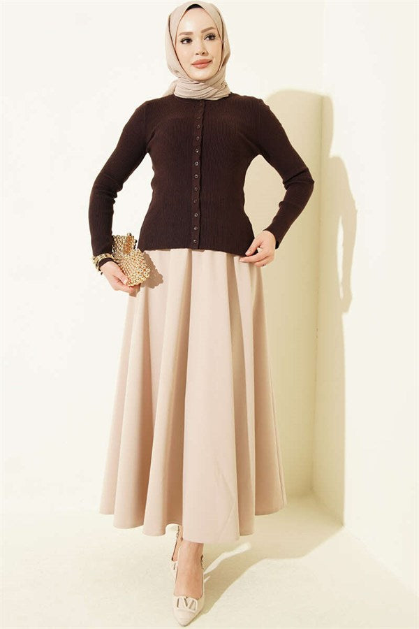 Crew Neck Buttoned Knit Cardigan Dark Brown