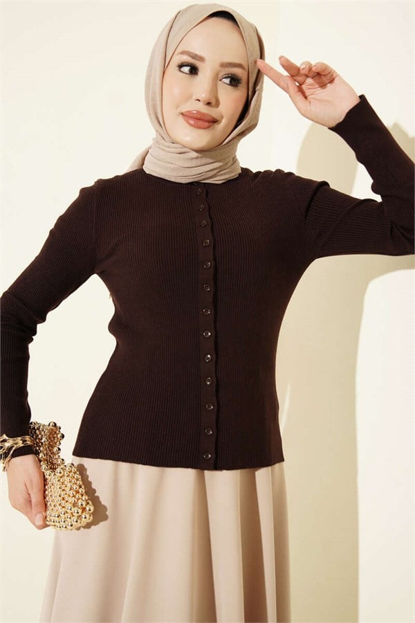 Crew Neck Buttoned Knit Cardigan Dark Brown