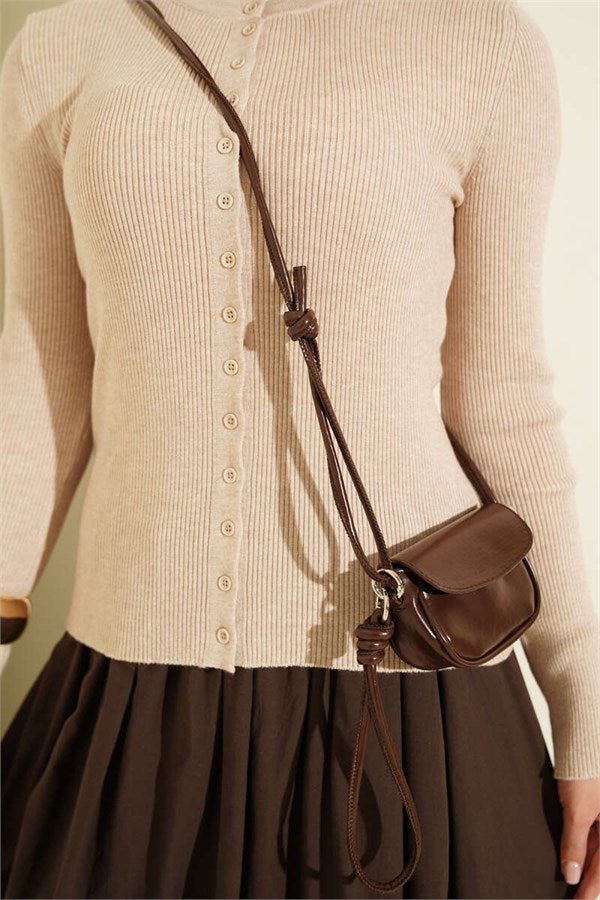 Crew Neck Buttoned Knit Cardigan, Beige