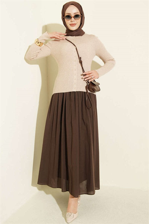 Crew Neck Buttoned Knit Cardigan, Beige