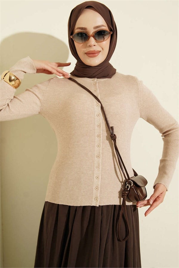 Crew Neck Buttoned Knit Cardigan, Beige