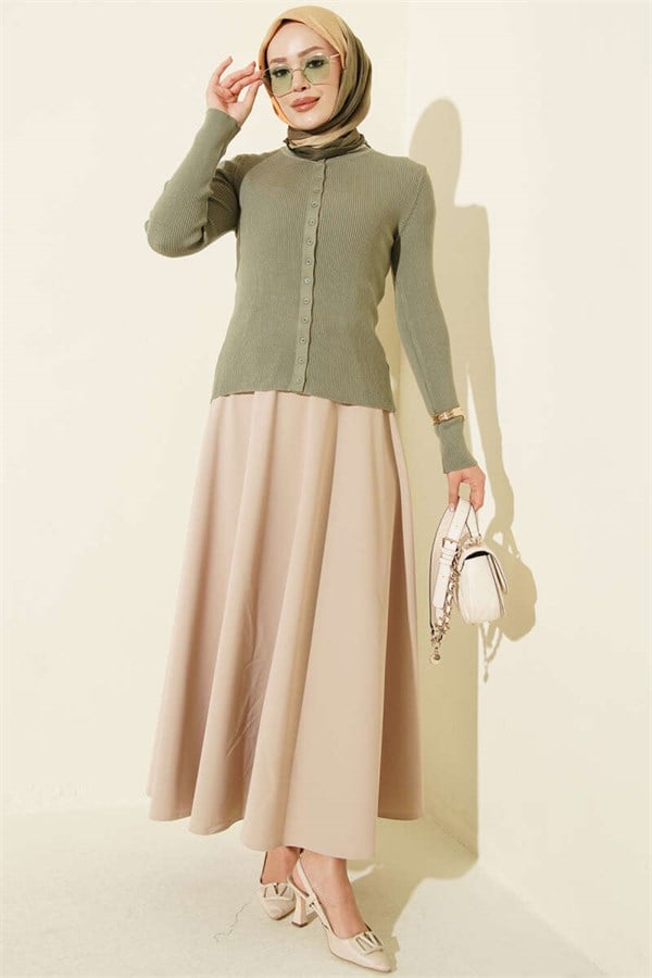 Crew Neck Buttoned Knit Cardigan Khaki