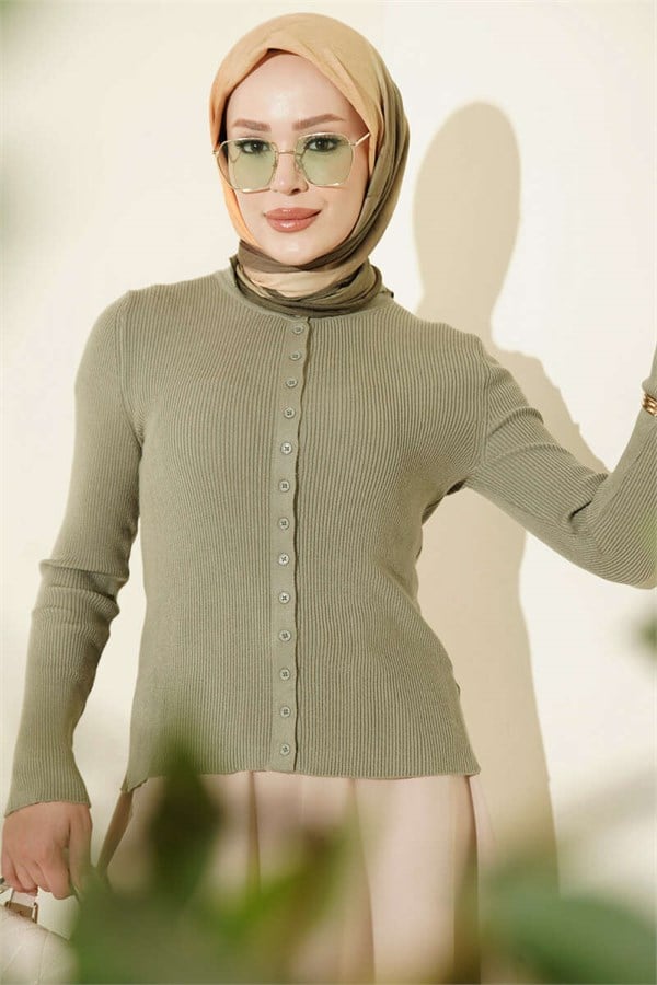 Crew Neck Buttoned Knit Cardigan Khaki