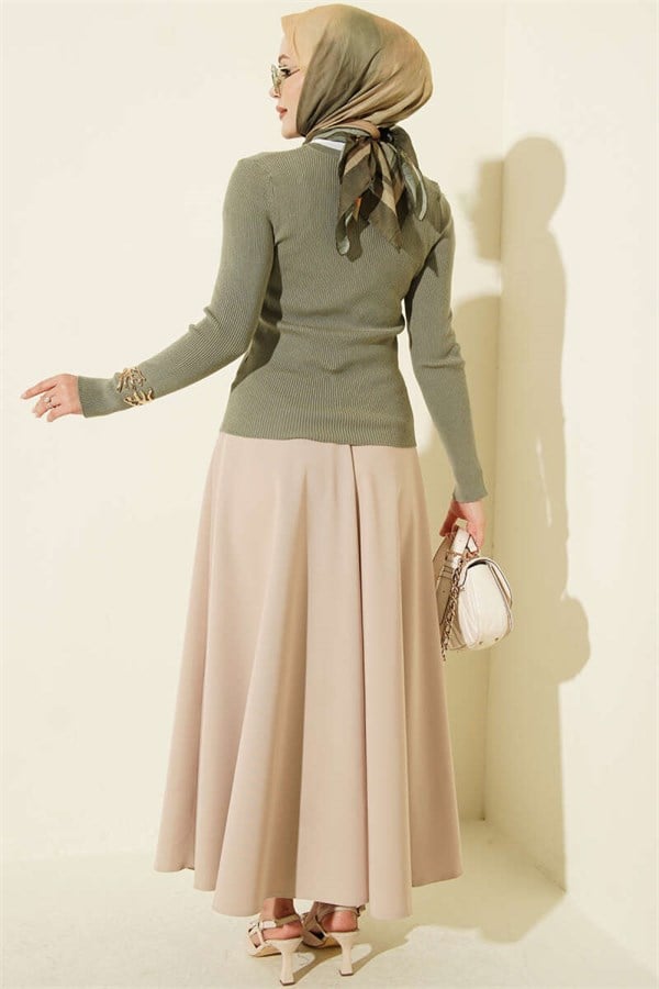 Crew Neck Buttoned Knit Cardigan Khaki