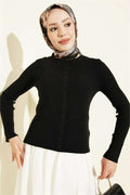 Crew Neck Buttoned Knit Cardigan Black