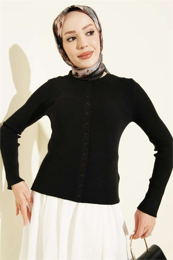 Crew Neck Buttoned Knit Cardigan Black