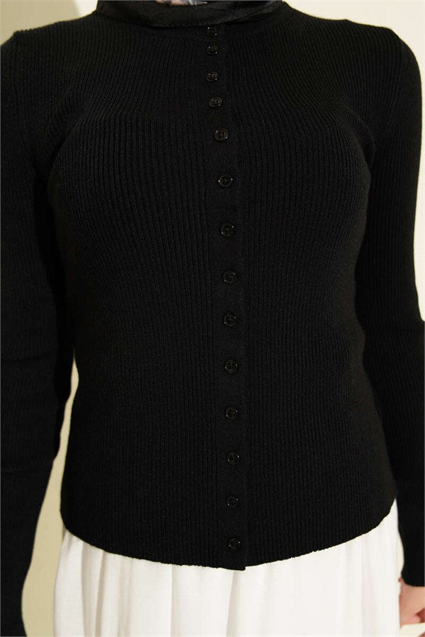 Crew Neck Buttoned Knit Cardigan Black