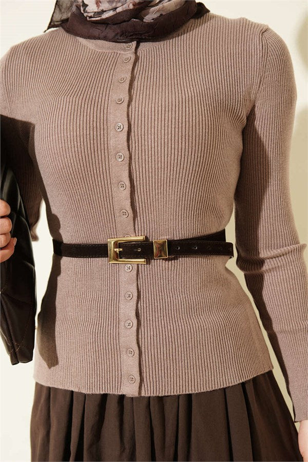Crew Neck Buttoned Knit Cardigan, Mink Color