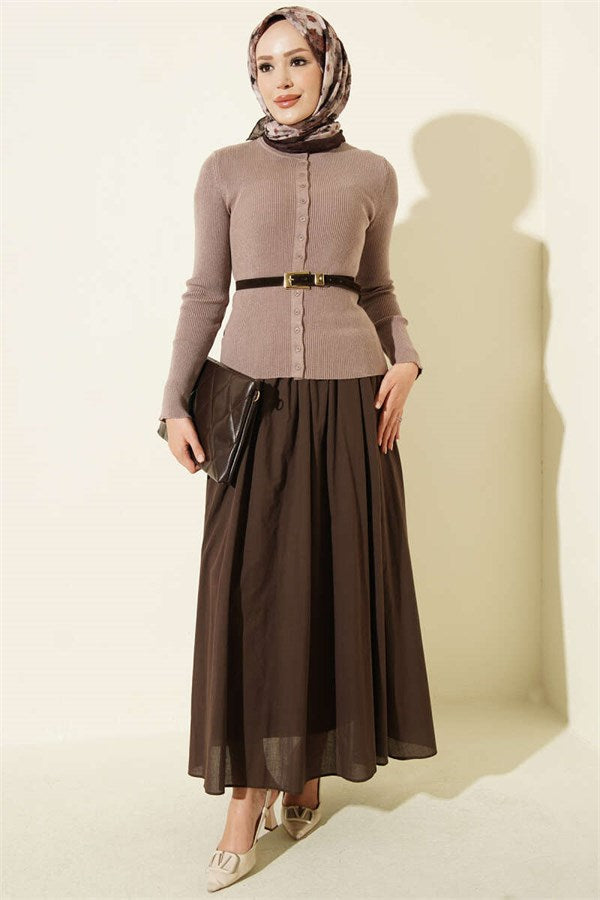 Crew Neck Buttoned Knit Cardigan, Mink Color
