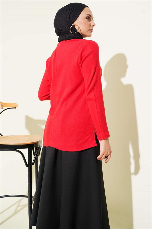 Crew Neck Ribbed Blouse Red