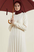 Crew Neck Ribbed Knit Dress in Stone