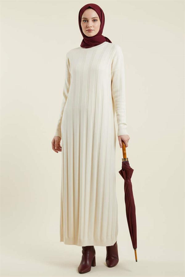 Crew Neck Ribbed Knit Dress in Stone