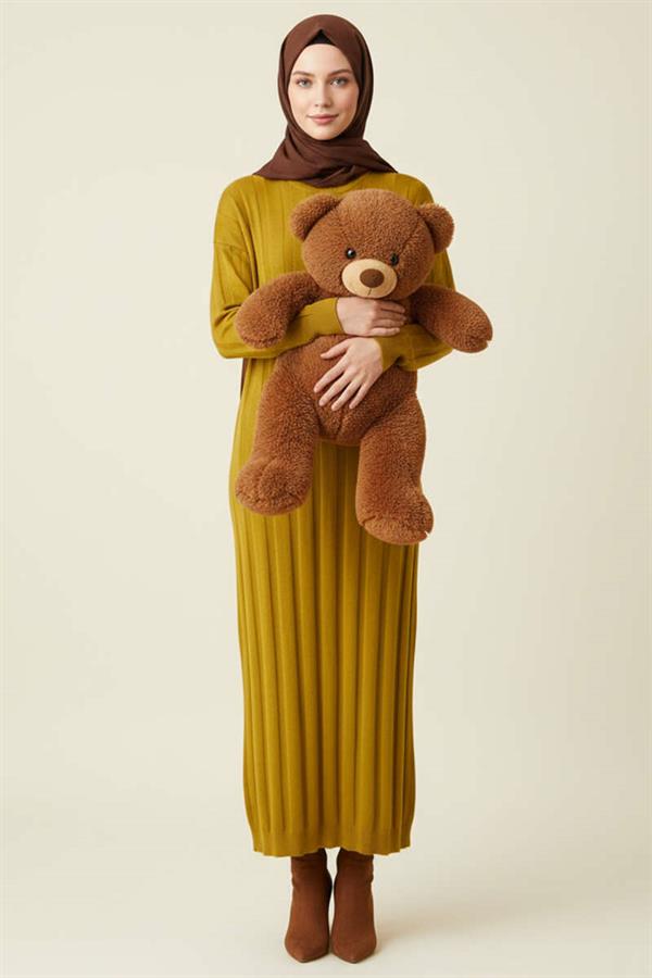 Crew Neck Ribbed Knit Dress Olive Green