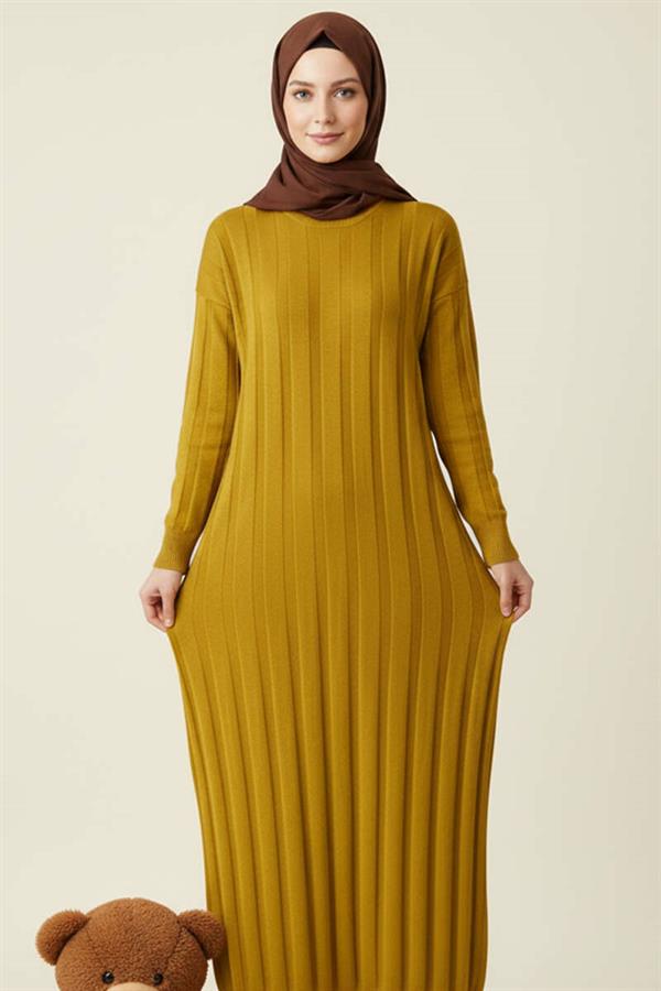 Crew Neck Ribbed Knit Dress Olive Green