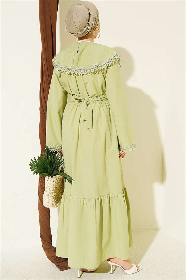 Crew Neck Dress with Lace Details, Light Green