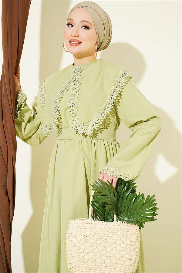 Crew Neck Dress with Lace Details, Light Green