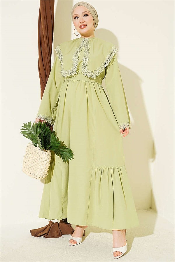 Crew Neck Dress with Lace Details, Light Green