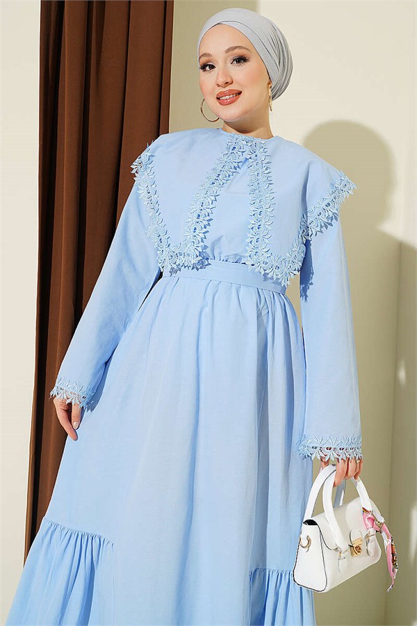 Crew Neck Dress with Lace Details, Blue