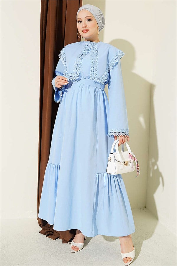 Crew Neck Dress with Lace Details, Blue