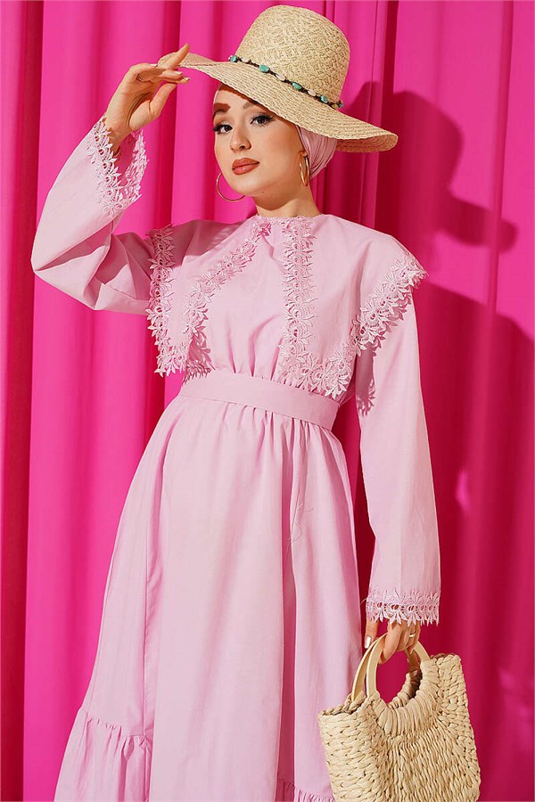 Pink Bicycle Collar Dress with Lace Details