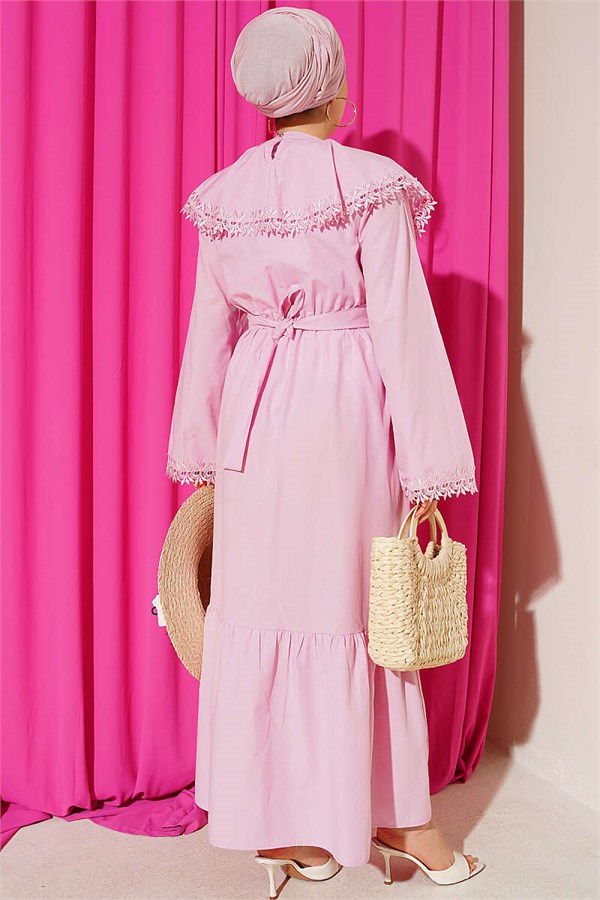 Pink Bicycle Collar Dress with Lace Details