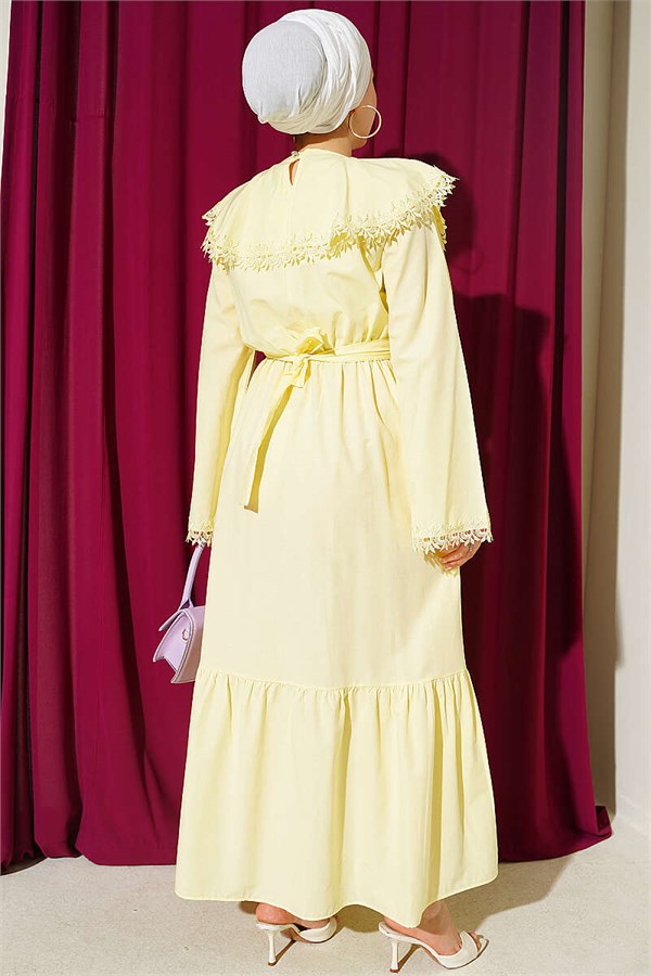 Yellow Crew Neck Dress with Lace Details