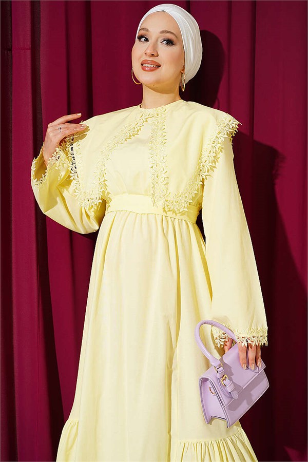 Yellow Crew Neck Dress with Lace Details
