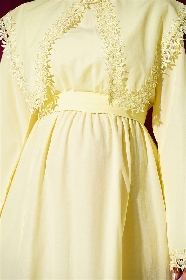 Yellow Crew Neck Dress with Lace Details