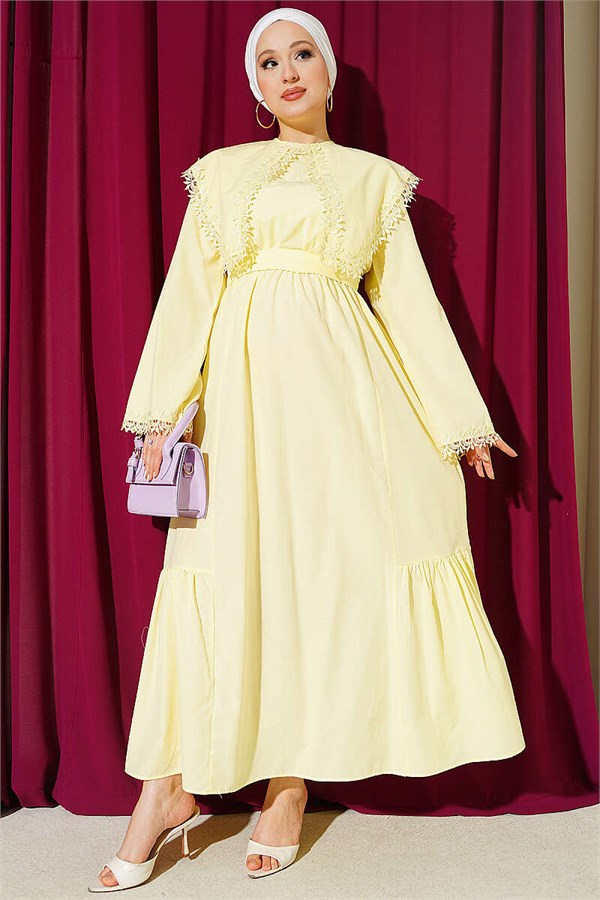 Yellow Crew Neck Dress with Lace Details