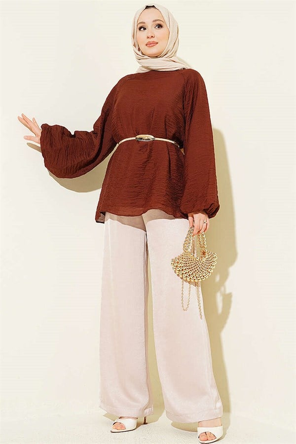 Crew Neck Drawstring Tunic, Brown