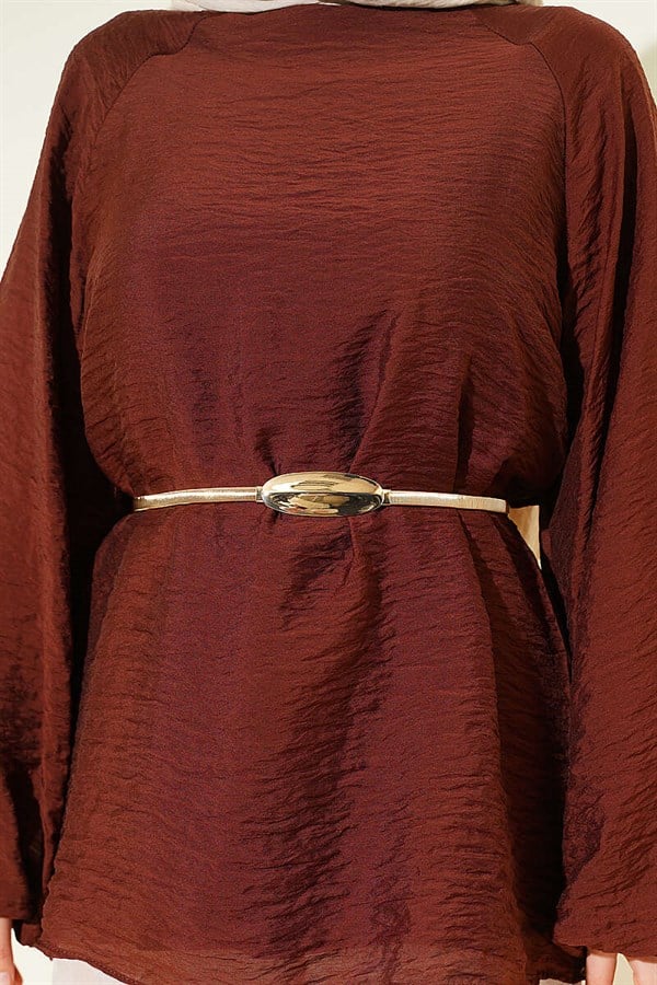 Crew Neck Drawstring Tunic, Brown