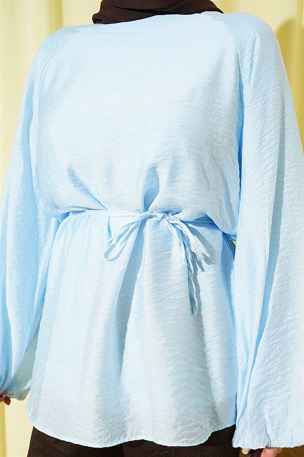 Crew Neck Drawstring Tunic Blue