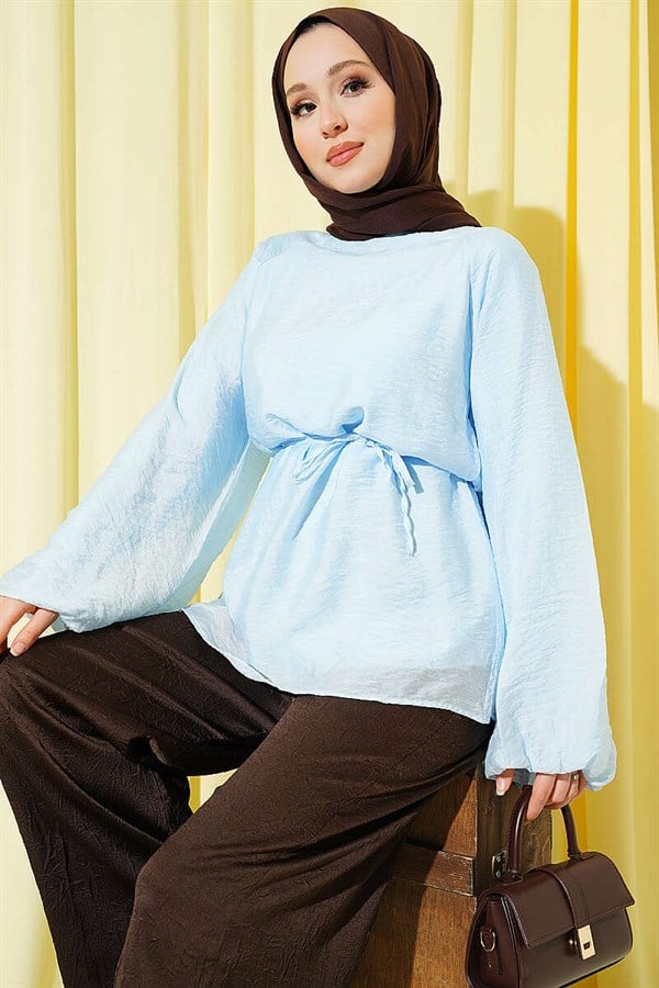 Crew Neck Drawstring Tunic Blue