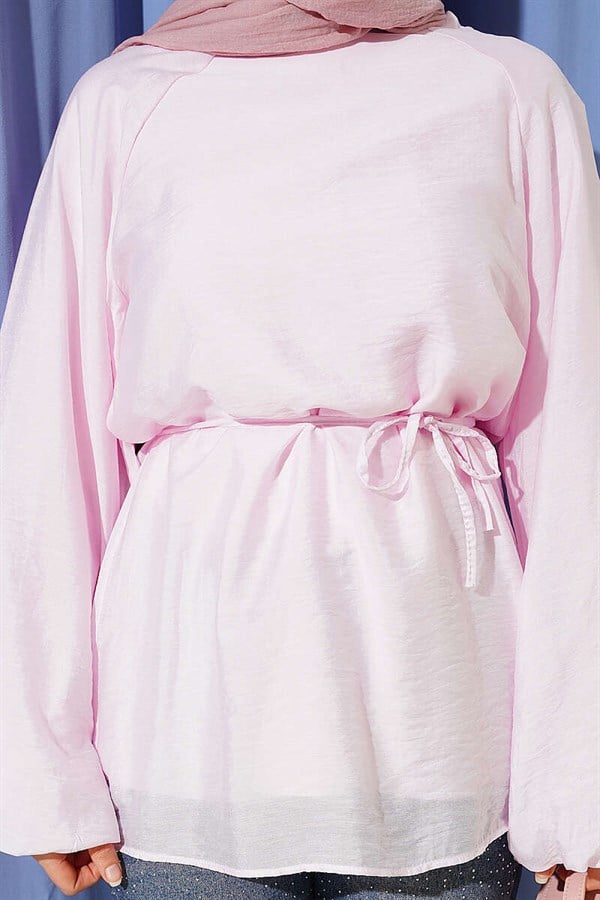 Pink Crew Neck Tunic with Drawstring