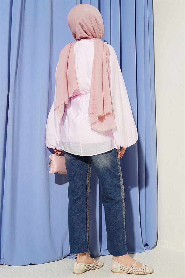 Pink Crew Neck Tunic with Drawstring