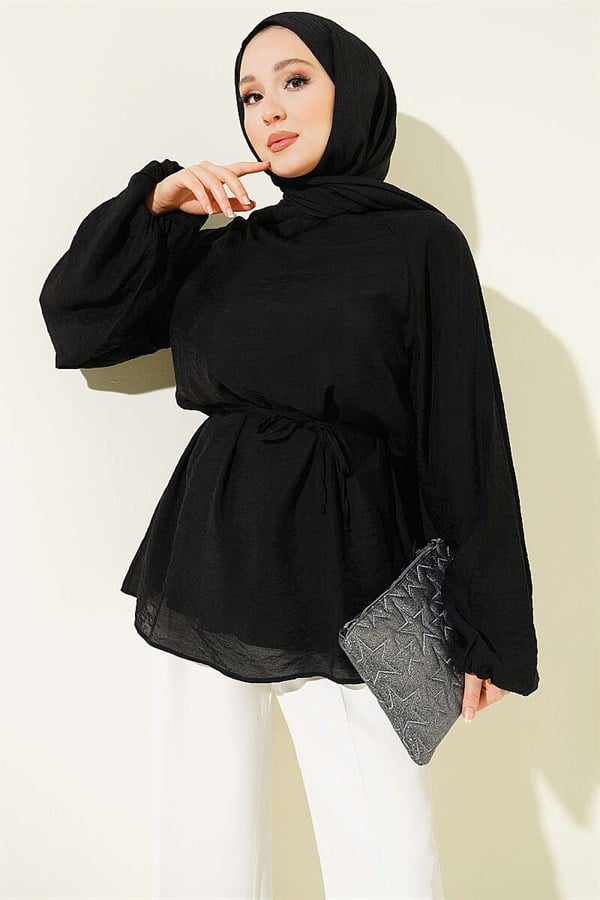 Crew Neck Drawstring Tunic, Black