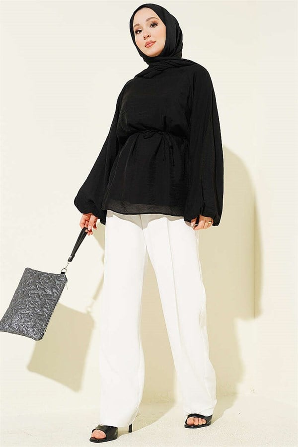 Crew Neck Drawstring Tunic, Black