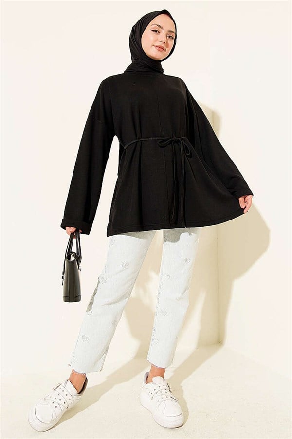 Crew Neck Tunic with Drawstring, Black