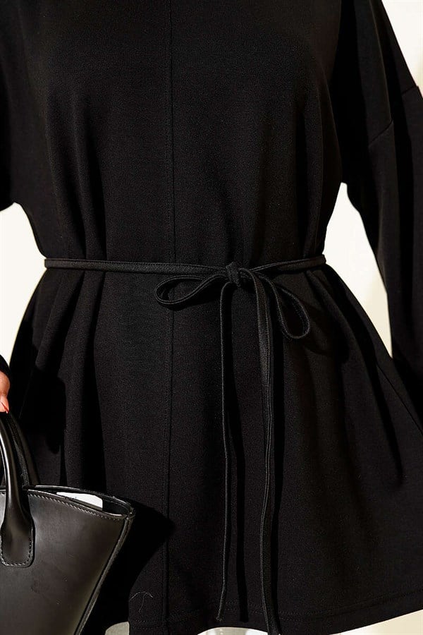 Crew Neck Tunic with Drawstring, Black