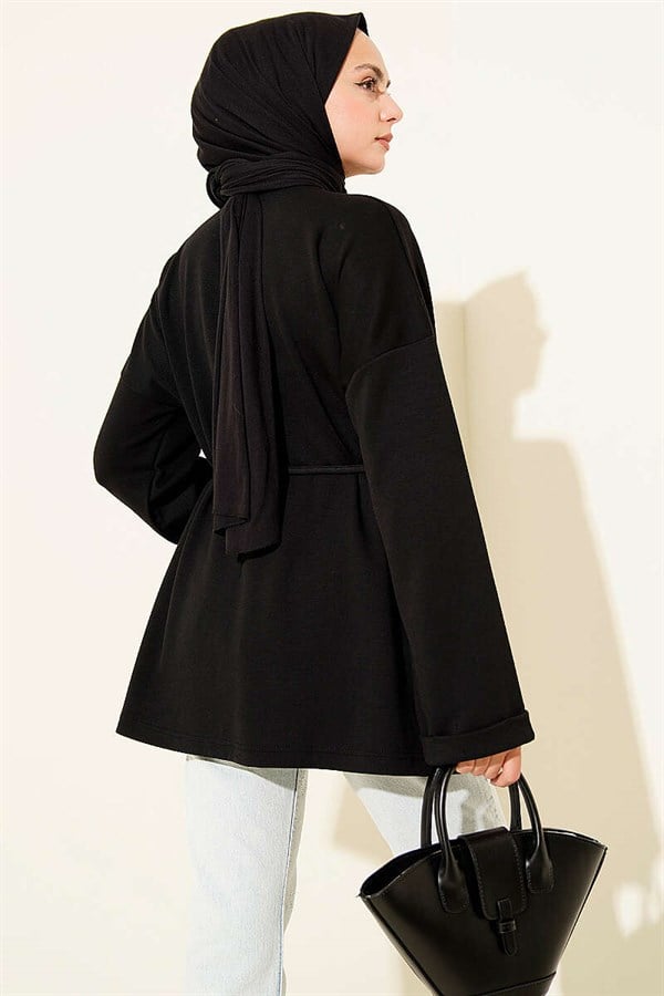 Crew Neck Tunic with Drawstring, Black