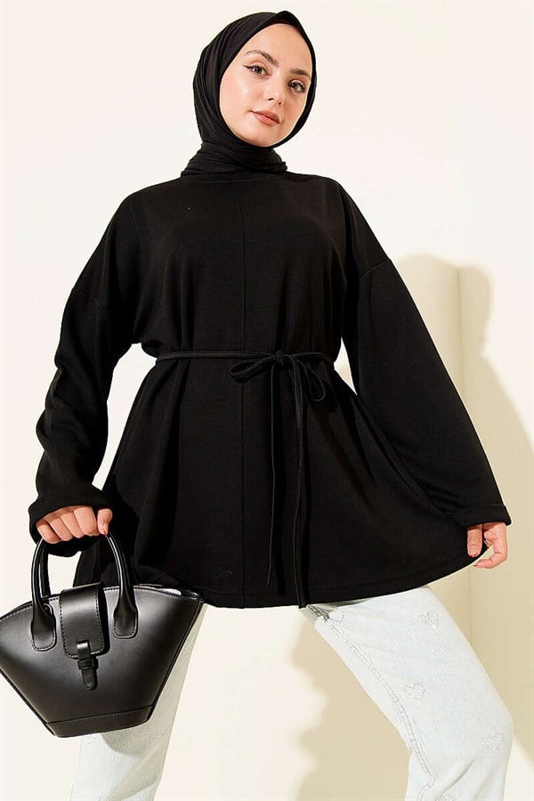 Crew Neck Tunic with Drawstring, Black
