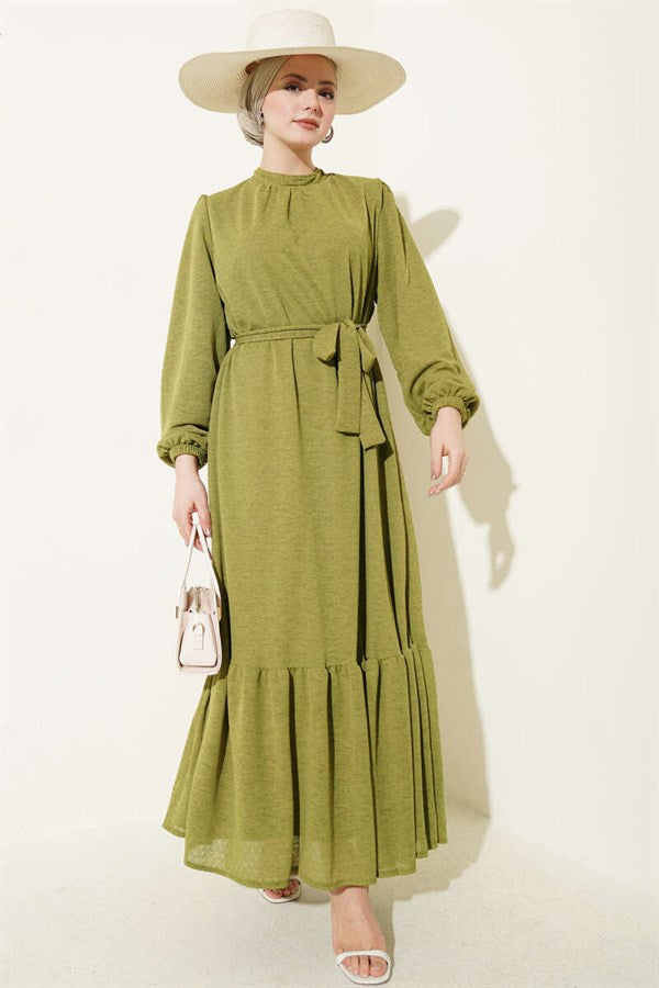 Crew Neck Dress with Elasticated Sleeves, Olive Green