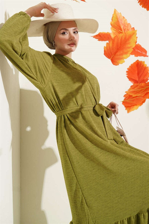 Crew Neck Dress with Elasticated Sleeves, Olive Green