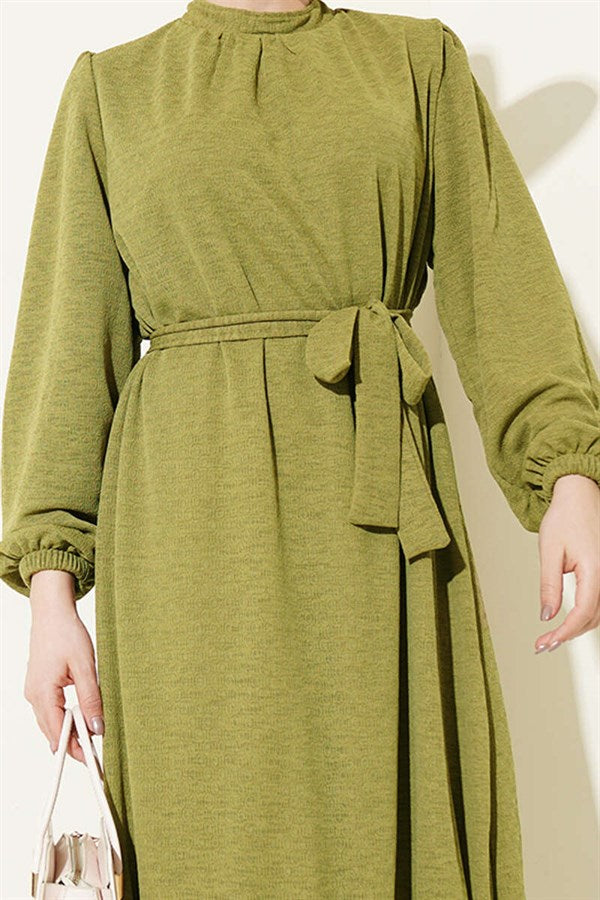 Crew Neck Dress with Elasticated Sleeves, Olive Green