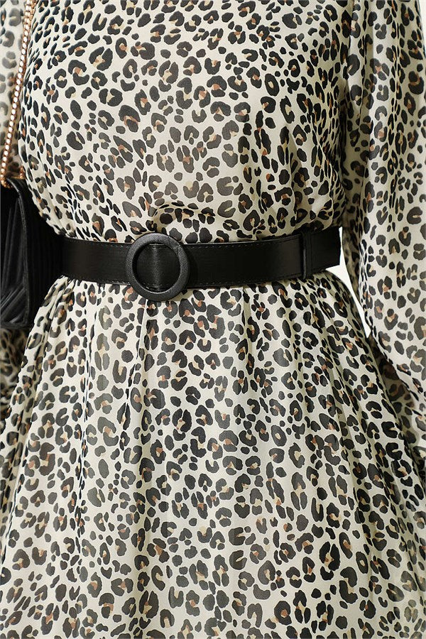 Crew Neck Leopard Print Dress, Ecru