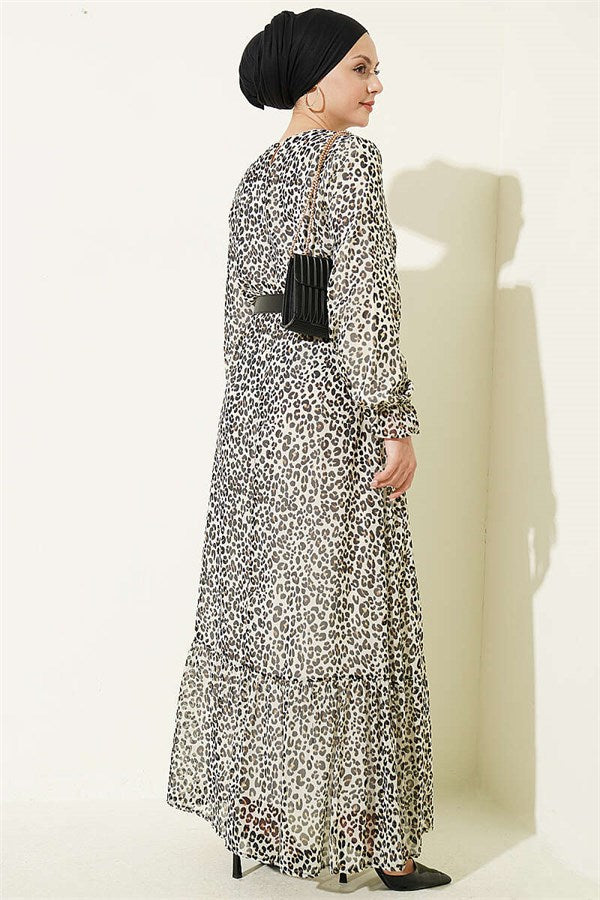 Crew Neck Leopard Print Dress, Ecru