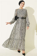 Crew Neck Leopard Print Dress, Ecru