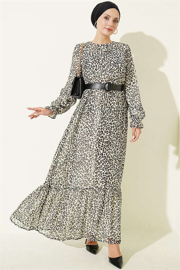 Crew Neck Leopard Print Dress, Ecru