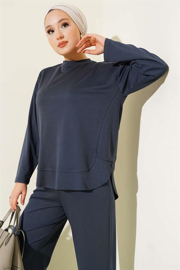 Crew Neck Oval Detailed 2 Piece Set in Smoke
